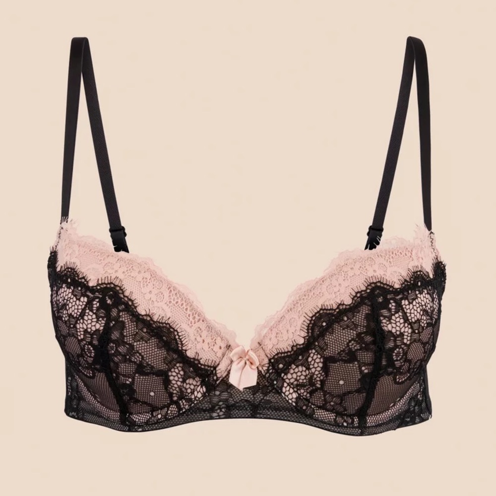 Adore Me Emanuelly Black and Pink Lace Push Up Bra